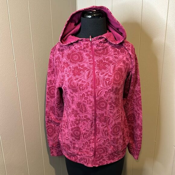 Danskin tonal raspberry floral print zip front jersey stretch lightweight hoodie - Picture 1 of 4